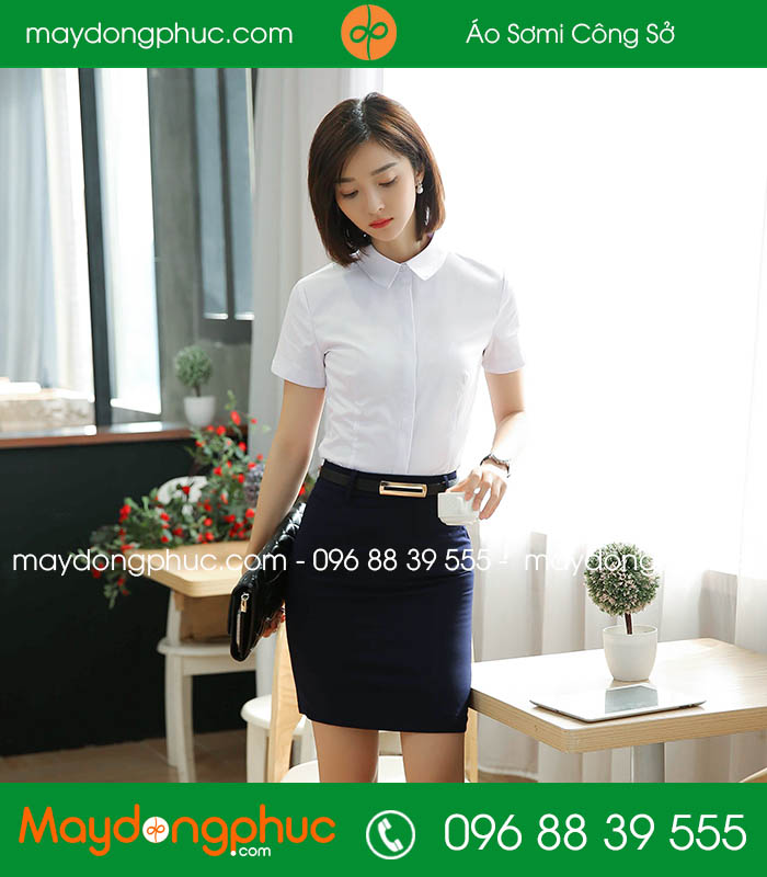 Đồng phục áo sơ mi màu trắng cộc tay váy tím than